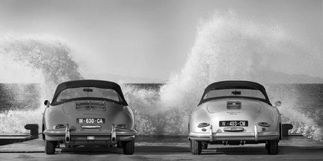 2AP3682-Ocean-Waves-Breaking-on-Vintage-Beauties-(BW)-AUTOMOBILE--Gasoline-Images-